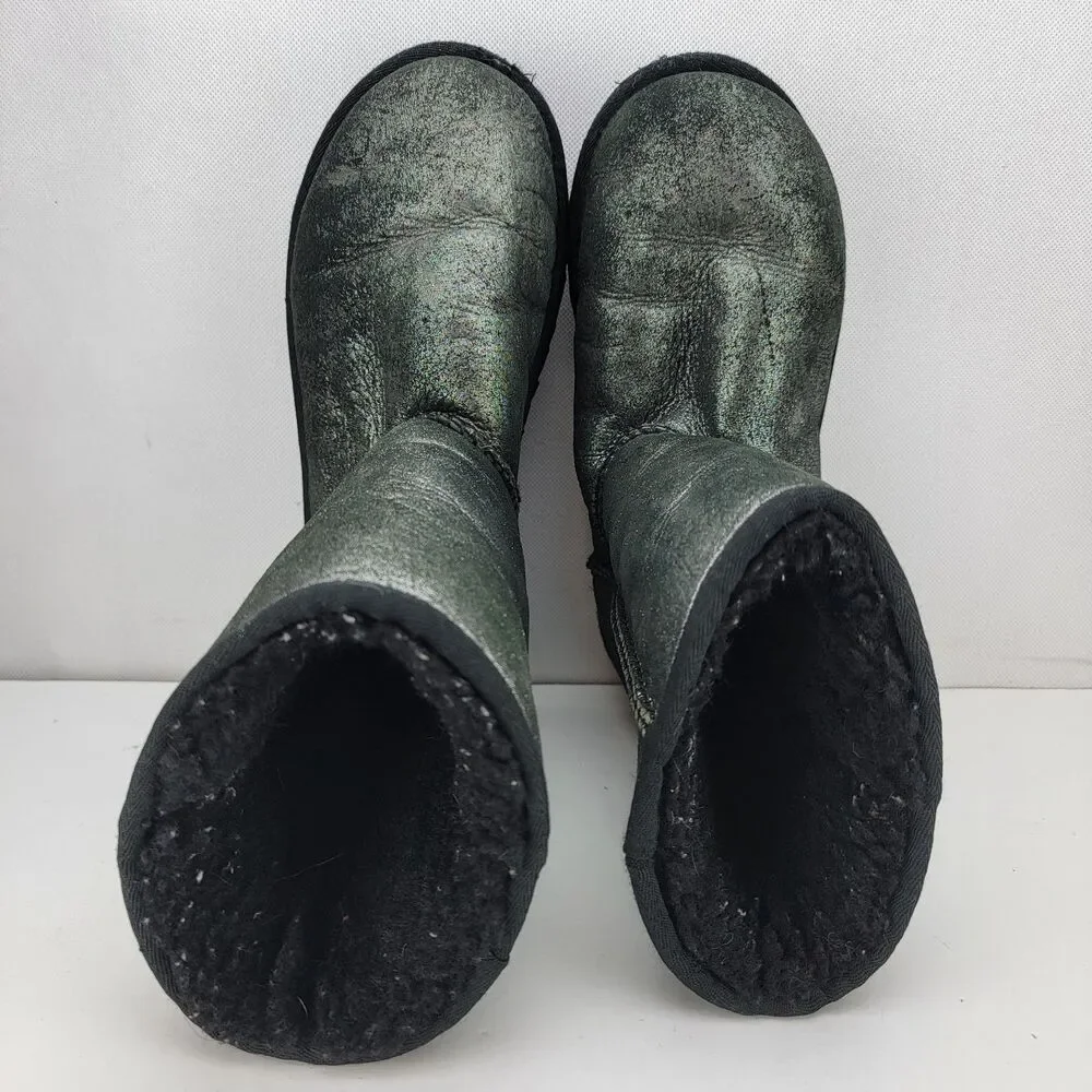 UGG Big Girls Size 6 Black Silver Sparkle Classic Glitter Boots Shoes 1000792